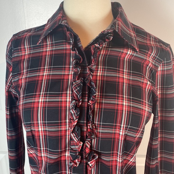 Talbots black & red plaid ruffle shirt - Picture 2 of 8